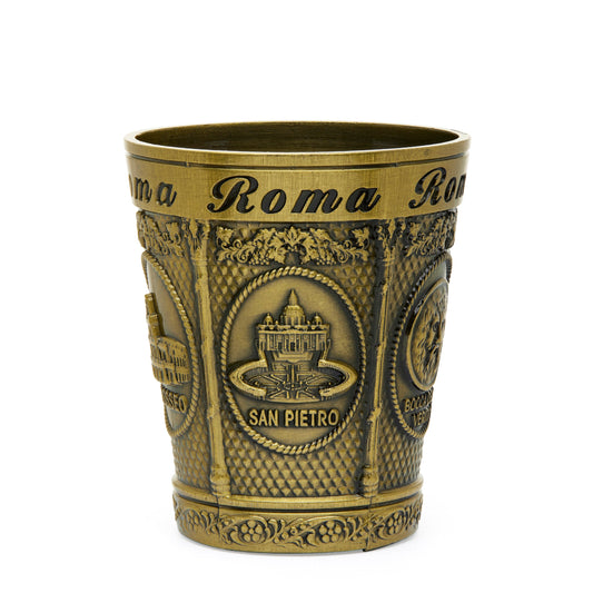 Gold-toned Metal Souvenir Shot Glass featuring St. Peter's Basilica and Colosseum