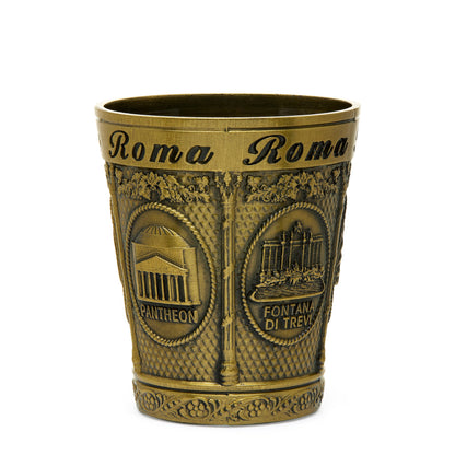 Gold-toned Metal Souvenir Shot Glass featuring St. Peter's Basilica and Colosseum