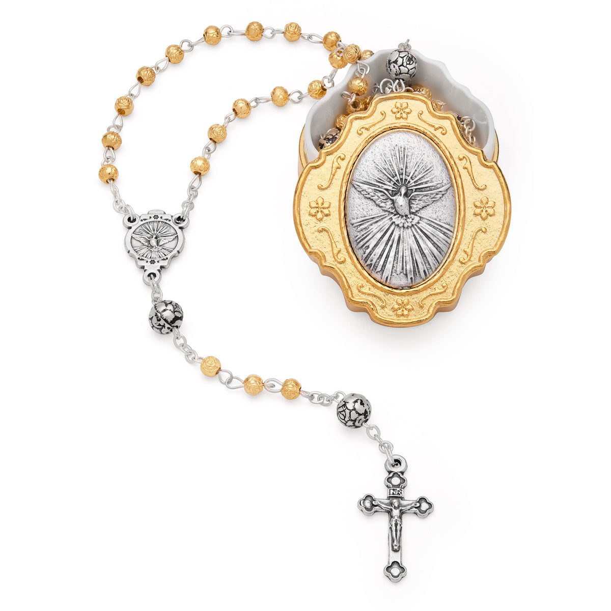 Golden Rosary Case With Holy Spirit and Rose-shaped Beads Rosary