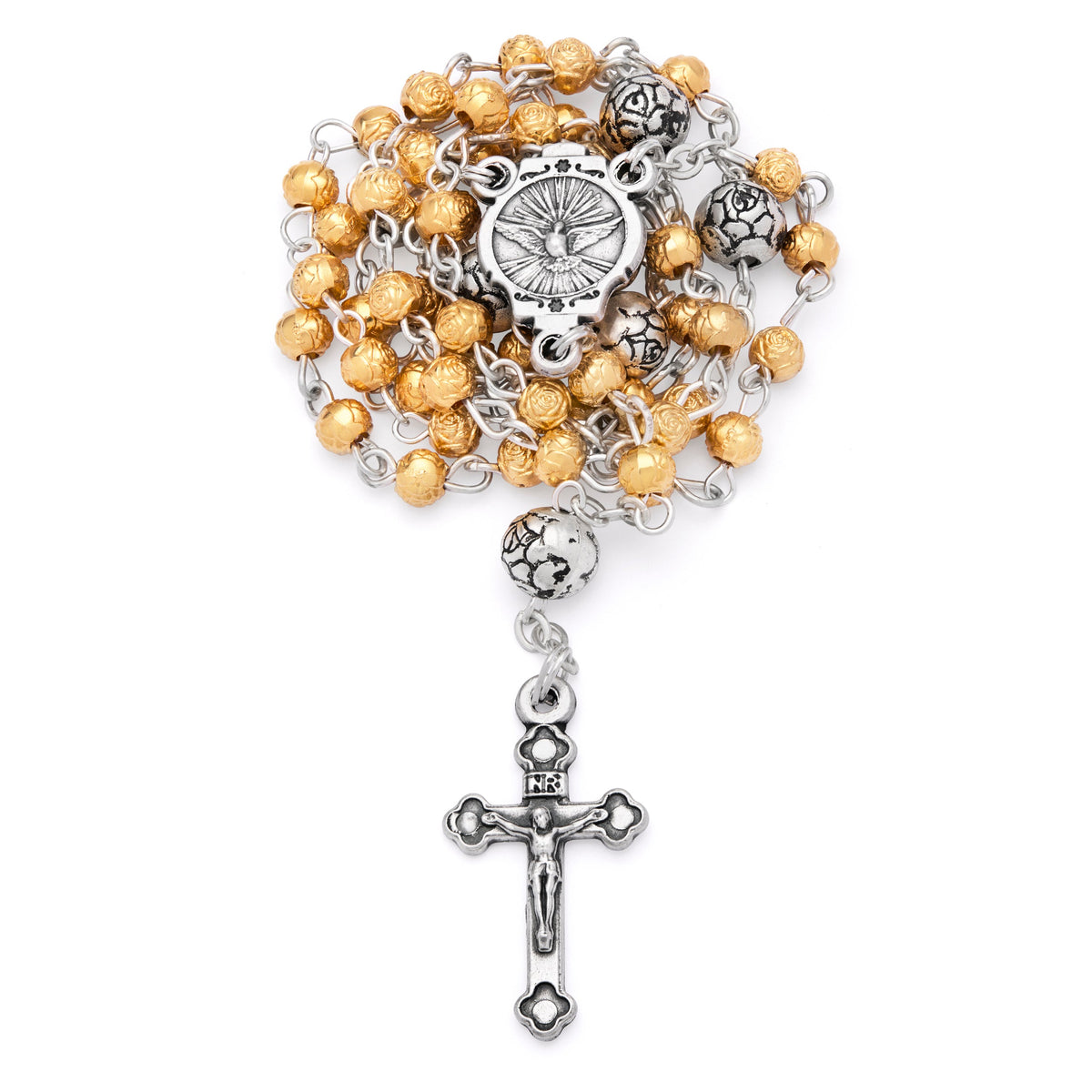 Golden Rosary Case With Holy Spirit and Rose-shaped Beads Rosary