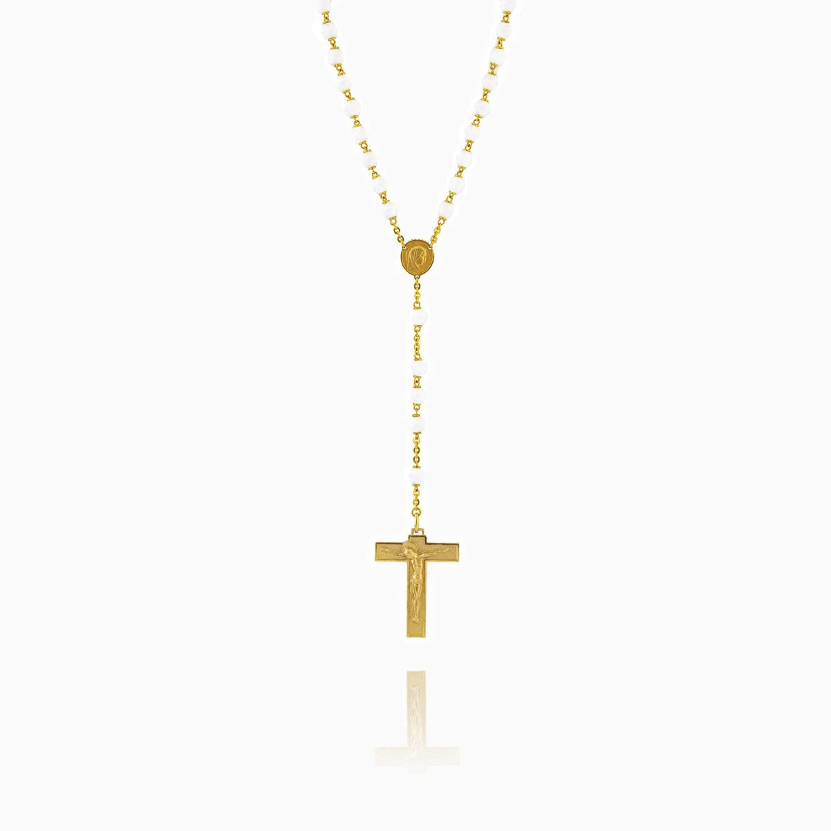 Golden Sterling Silver White Glass Pearl Rosary