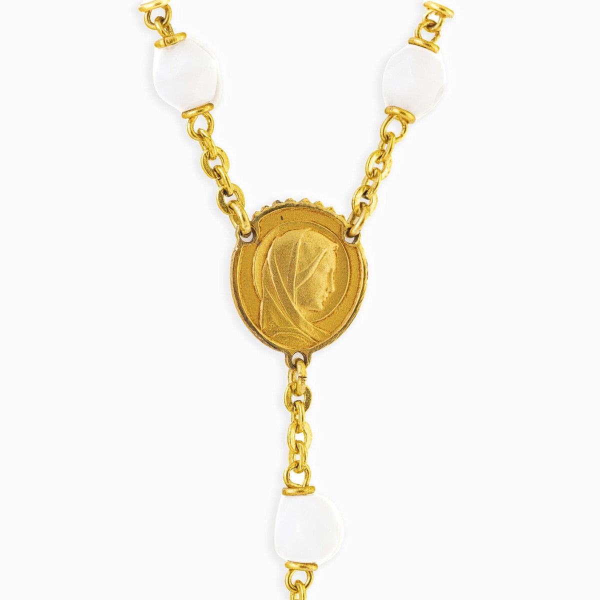 Golden Sterling Silver White Glass Pearl Rosary