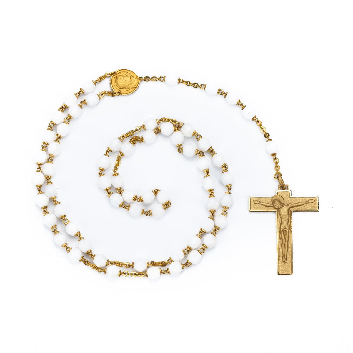 Golden Sterling Silver White Glass Pearl Rosary