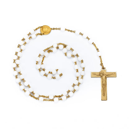 Golden Sterling Silver White Glass Pearl Rosary