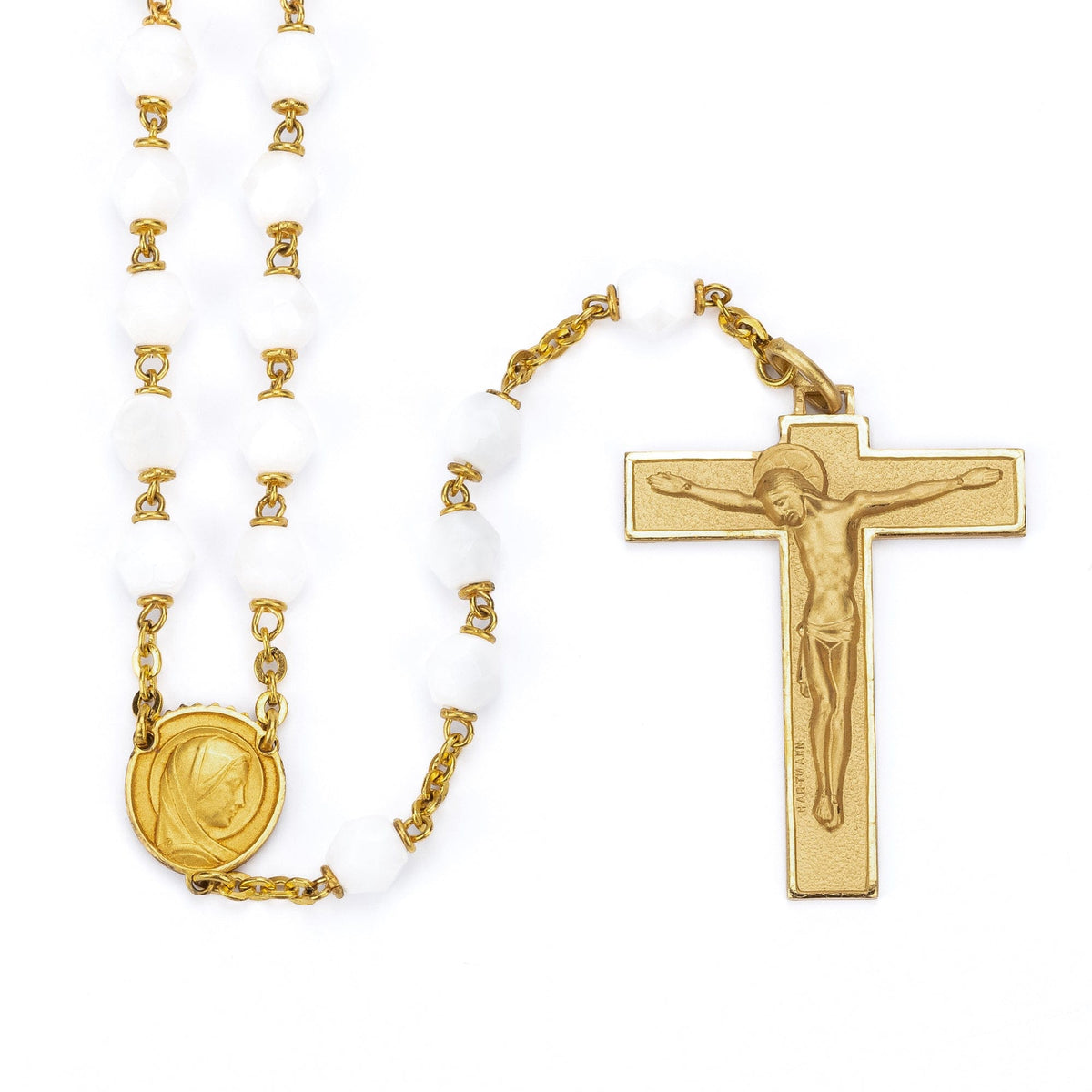Golden Sterling Silver White Glass Pearl Rosary