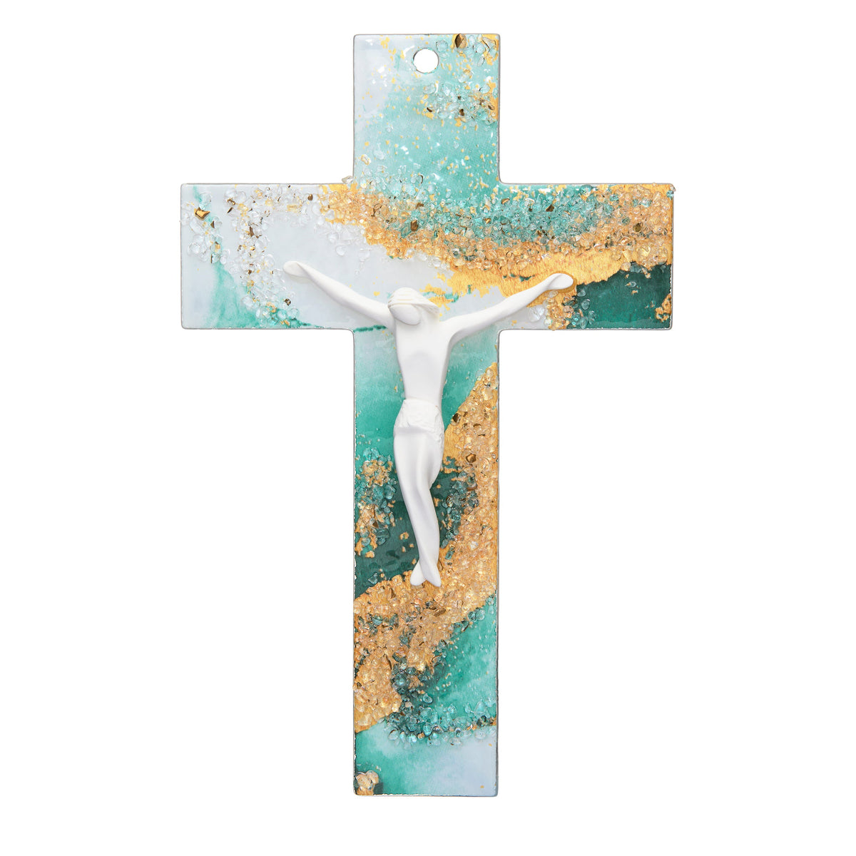 Green and Gold Murano Glass Crucifix with White Resin Corpus Modern Style