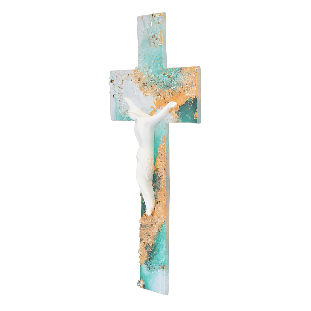 Green and Gold Murano Glass Crucifix with White Resin Corpus Modern Style