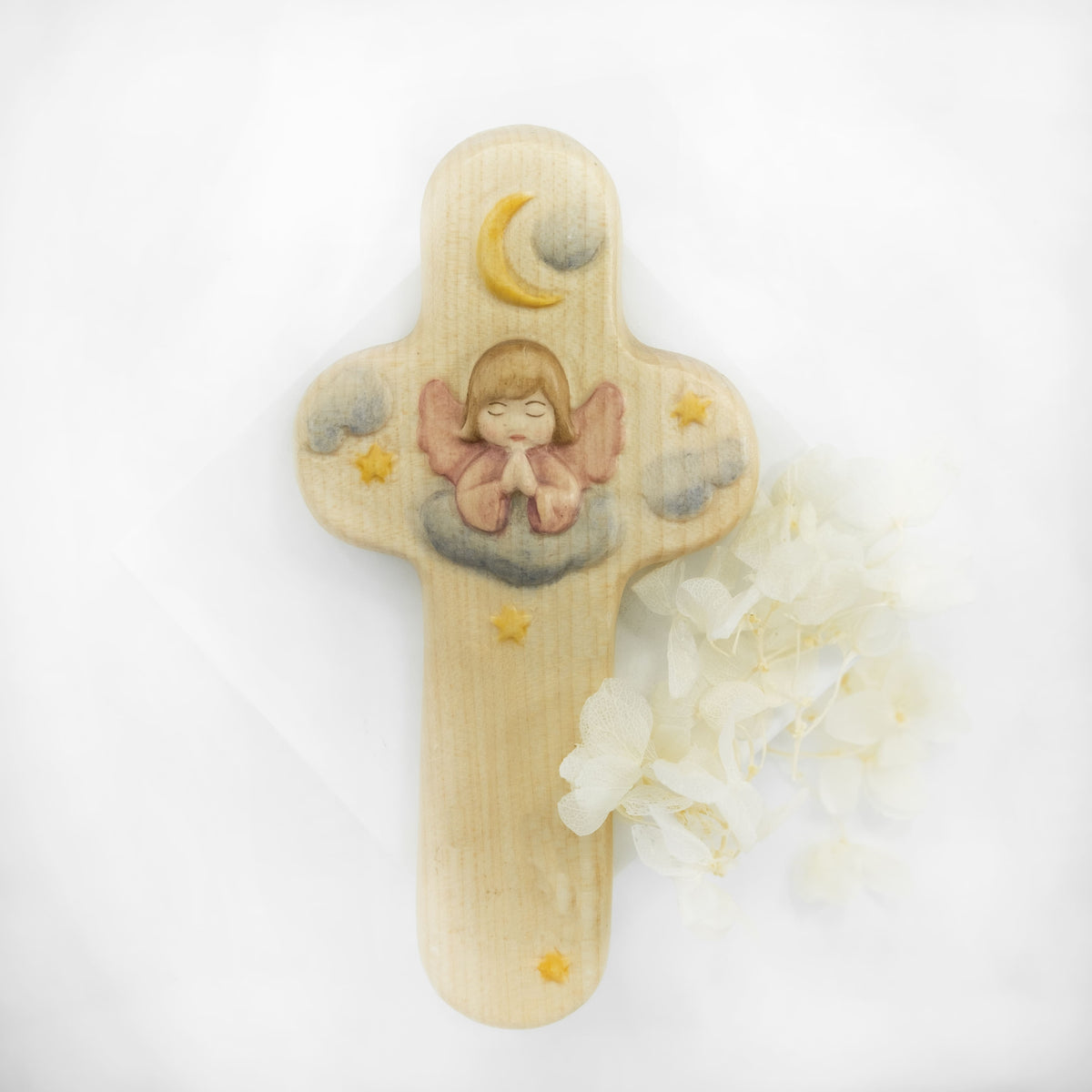 Hand Painted Wooden Cross With Angel in the Night