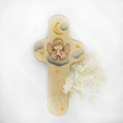 Hand Painted Wooden Cross With Angel in the Night