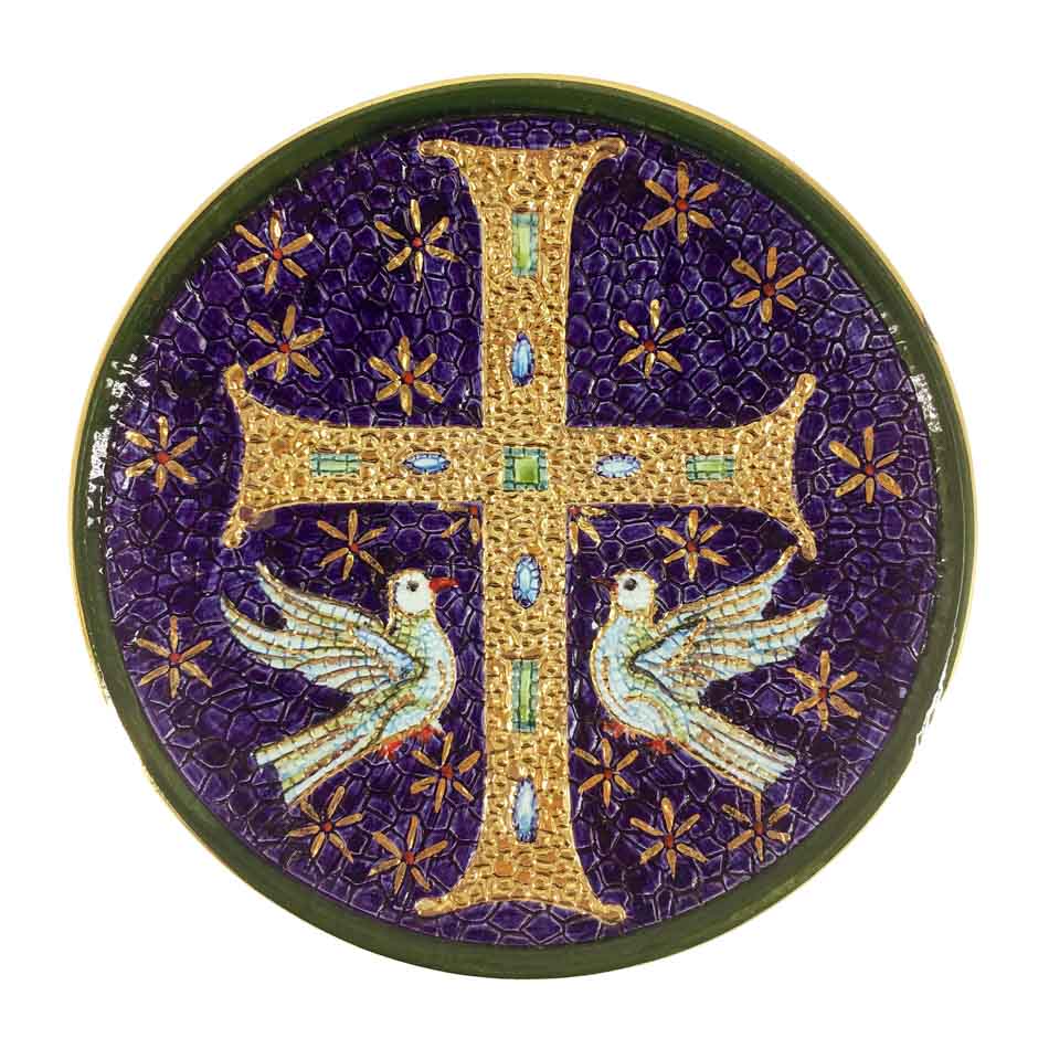 Handmade Ceramic Decorative Plate with Gold Cross and Doves