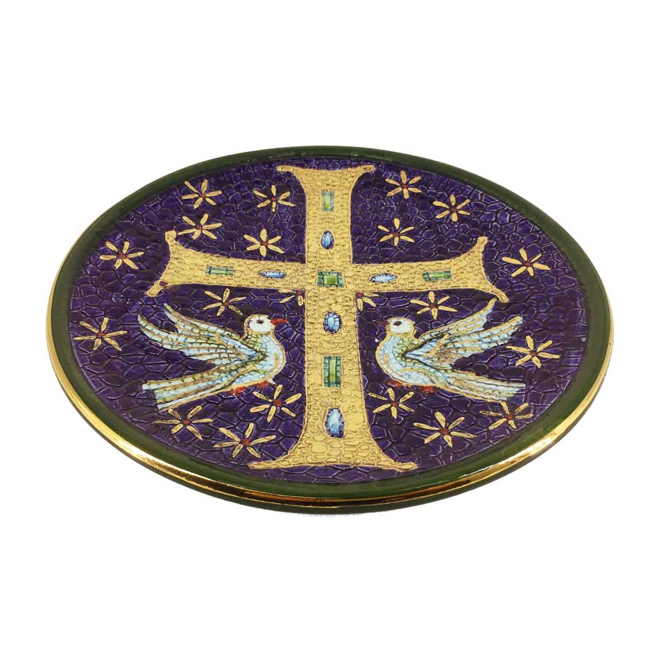 Handmade Ceramic Decorative Plate with Gold Cross and Doves