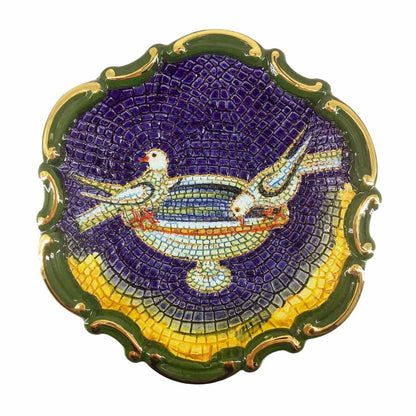 Handmade Ceramic Decorative Plate with Drinking Doves and Worked Edge