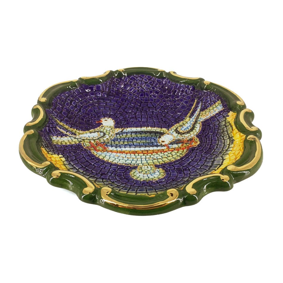 Handmade Ceramic Decorative Plate with Drinking Doves and Worked Edge