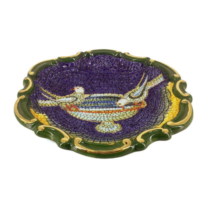 Handmade Ceramic Decorative Plate with Drinking Doves and Worked Edge