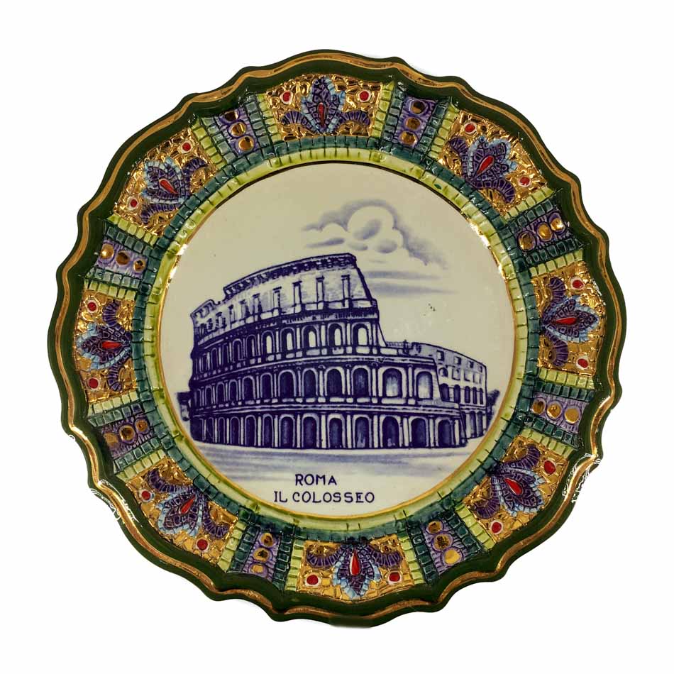 Handmade Ceramic Decorative Plate with the Colosseum and Worked Edge