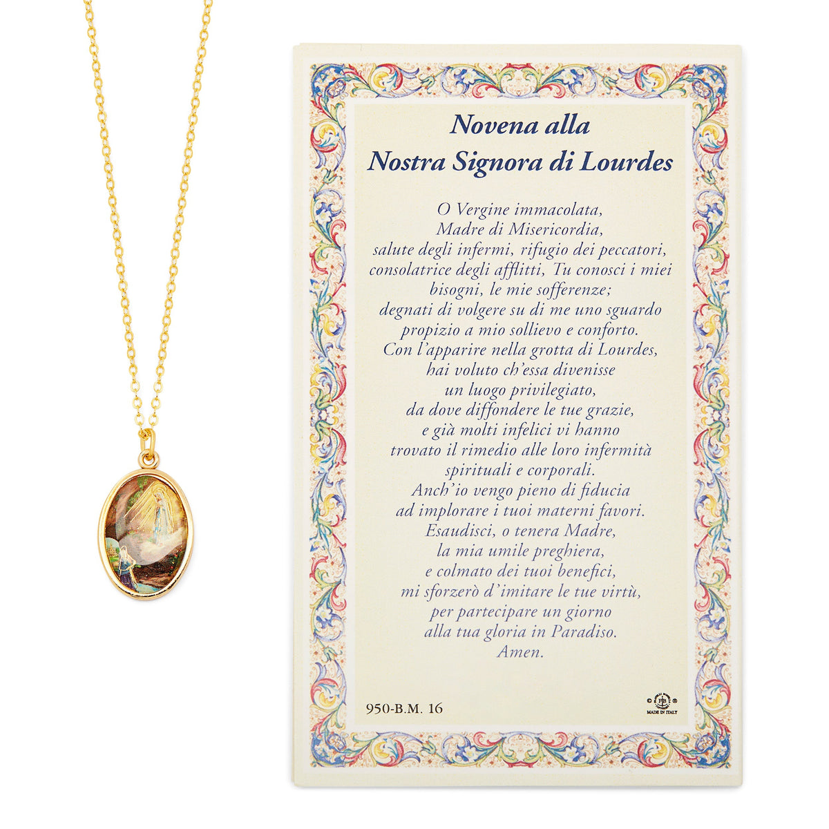 Holy Card Picture with Medal and Chain of Our Lady Of Lourdes