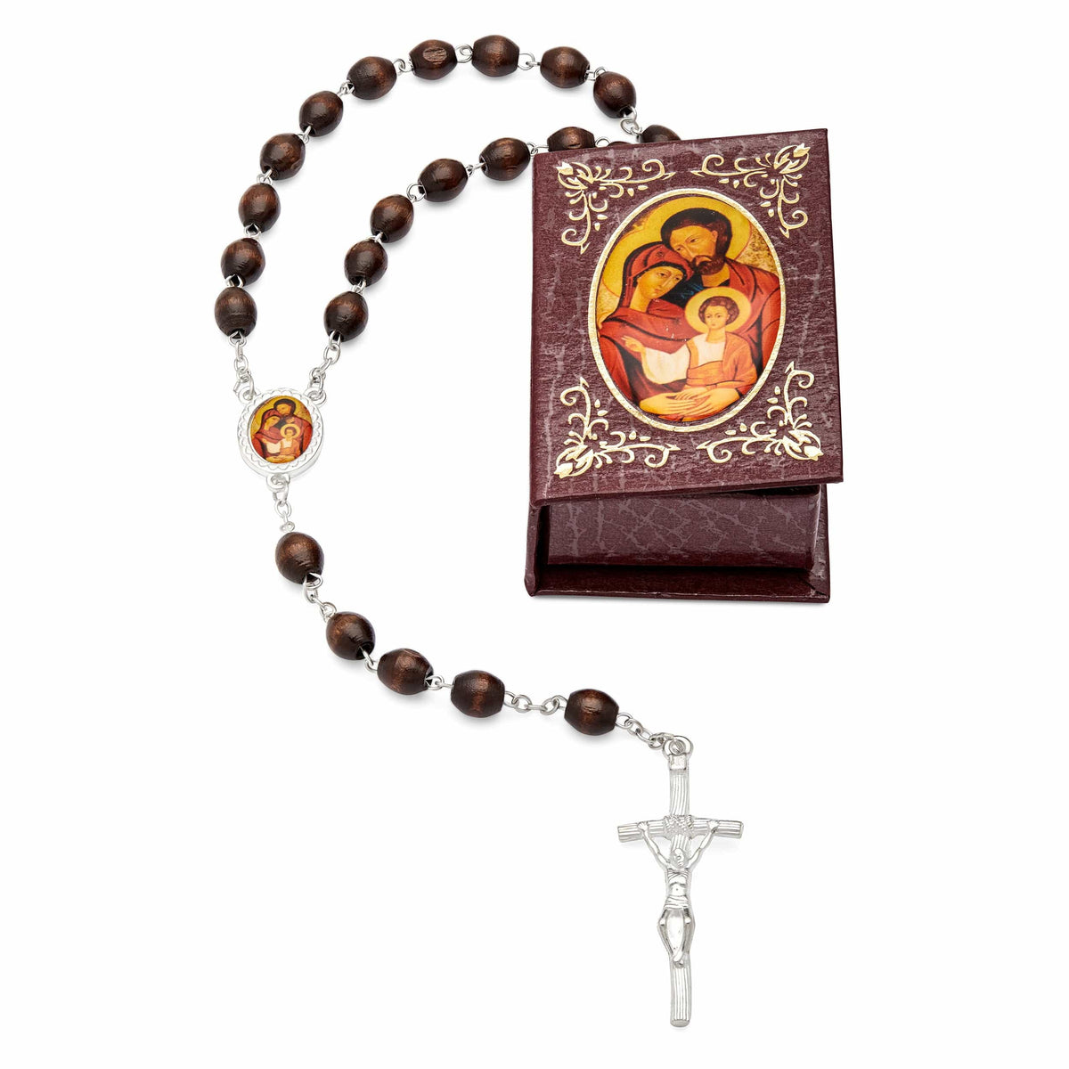 Holy Family Brown Rosary Case with Wood Rosary