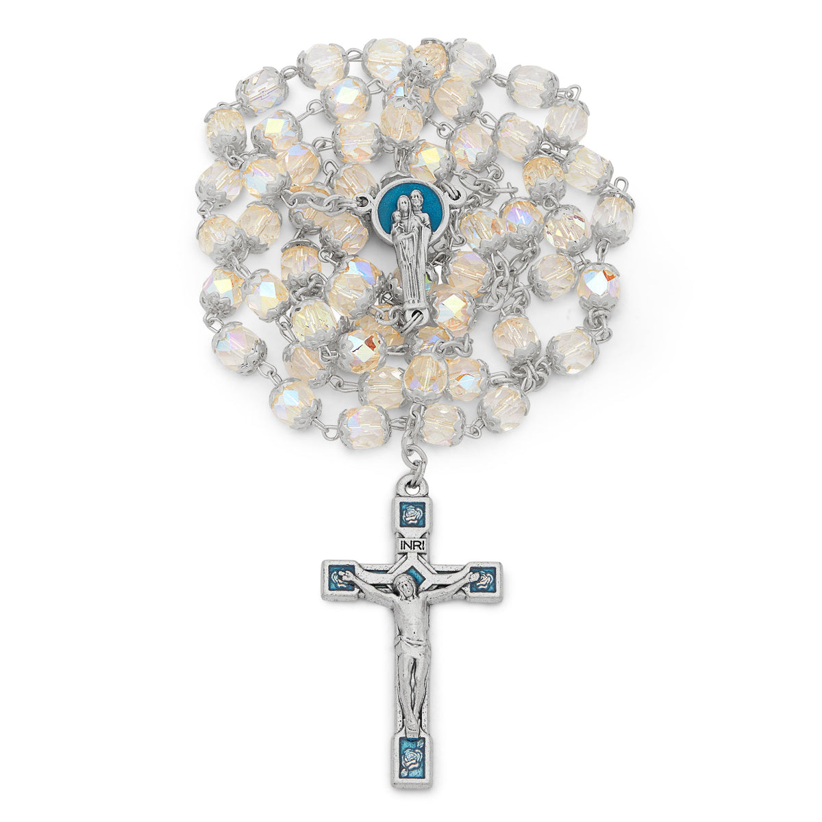 Holy Family Rosary Beads in Transparent Faceted Crystal