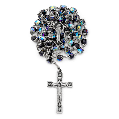 Holy Family Rosary in Black Faceted Crystal Beads