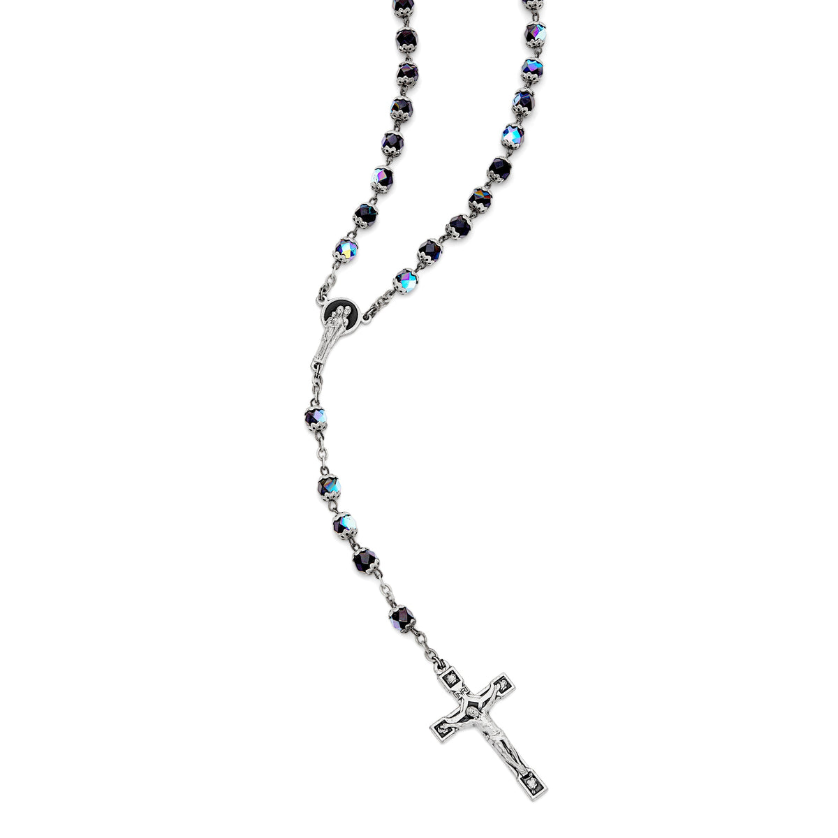 Holy Family Rosary in Black Faceted Crystal Beads