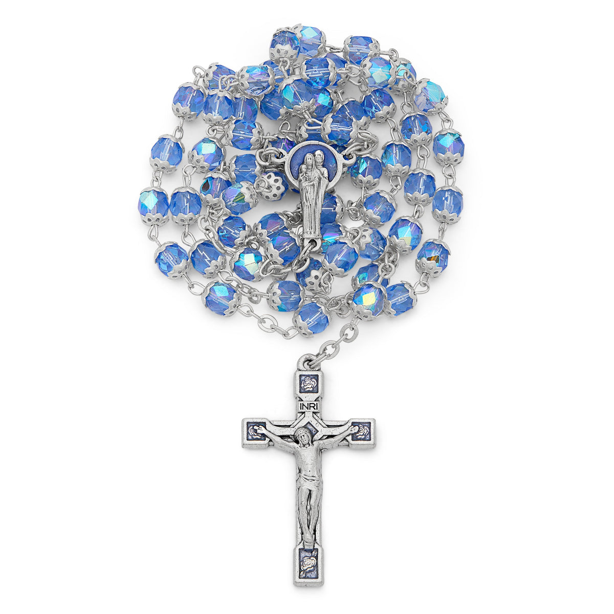 Holy Family Rosary in Sapphire Blue Faceted Crystal Beads