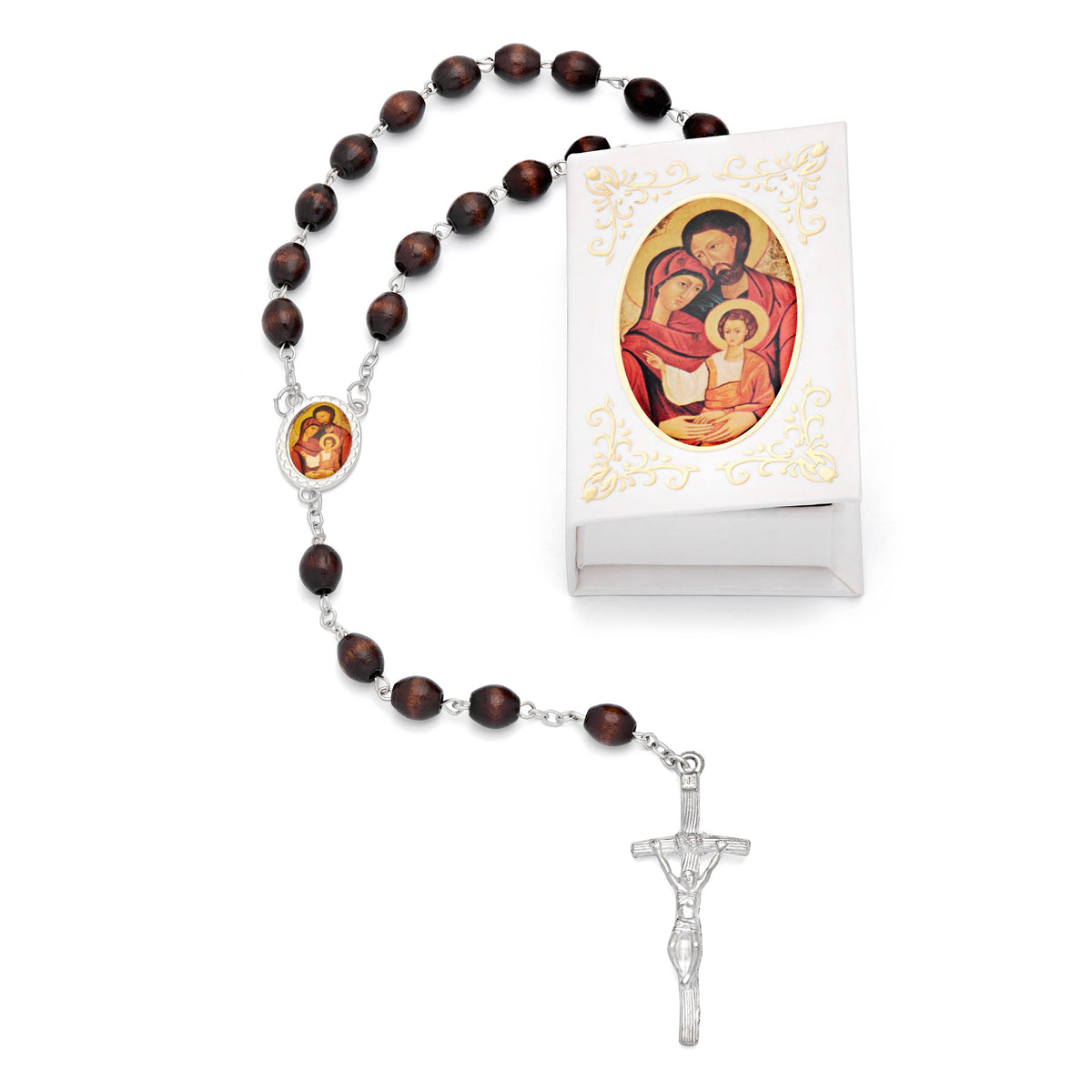 Holy Family White Rosary Case with Wood Rosary