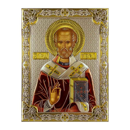 Wooden Icon with Colorful Silver Plaque of St. Nicholas