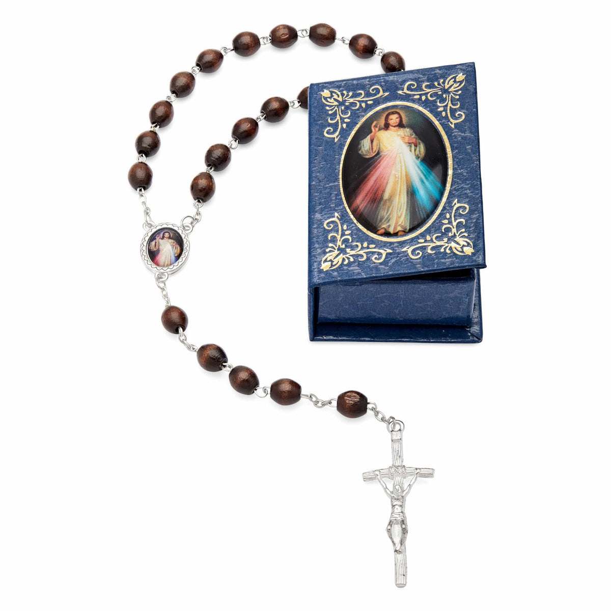 Merciful Jesus Blue Rosary Case with Wood Rosary