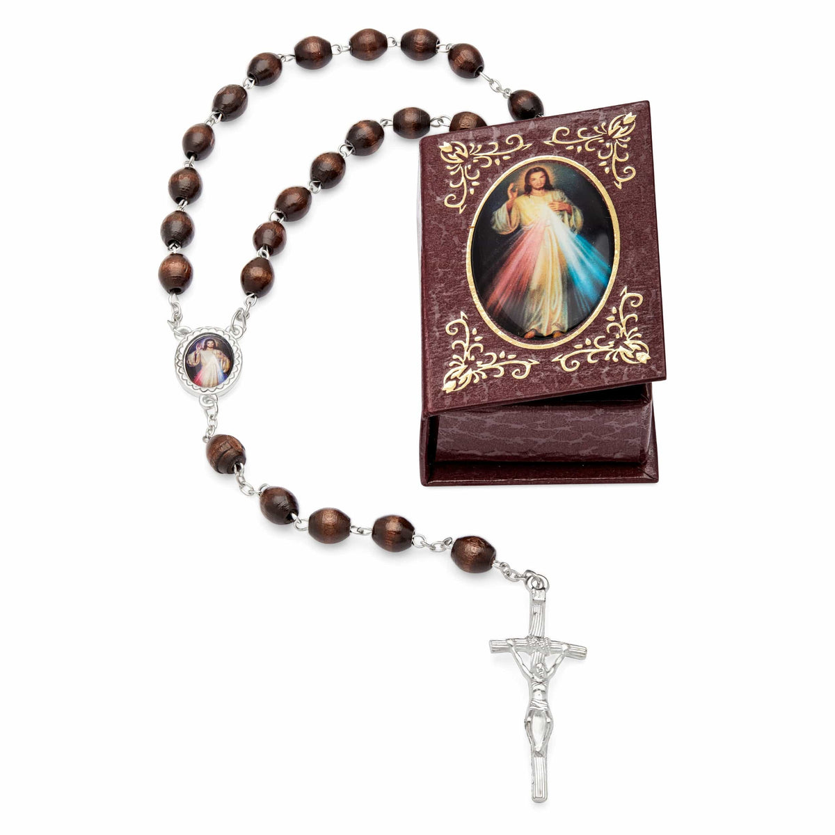 Merciful Jesus Brown Rosary Case with Wood Rosary