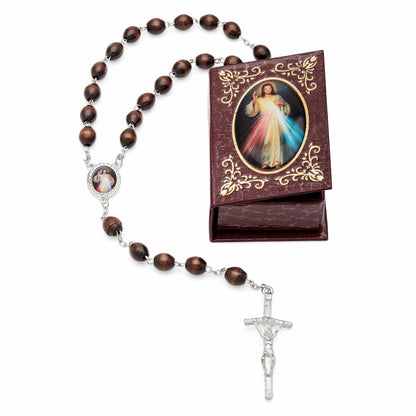 Merciful Jesus Brown Rosary Case with Wood Rosary