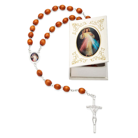 Merciful Jesus White Rosary Case with Wood Rosary