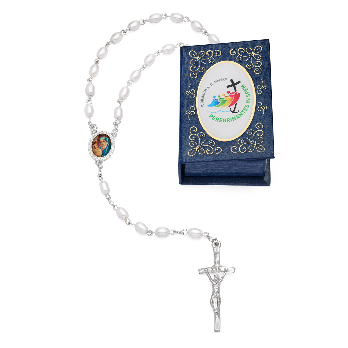 Jubilee 2025 Blue Rosary Case with Synthetic Pearl Rosary