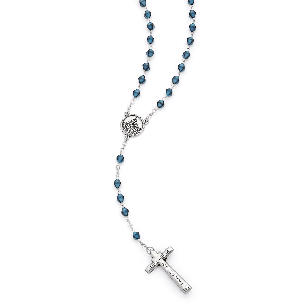 Jubilee 2025 Metal Rosary with Light Blue Hexagonal Beads
