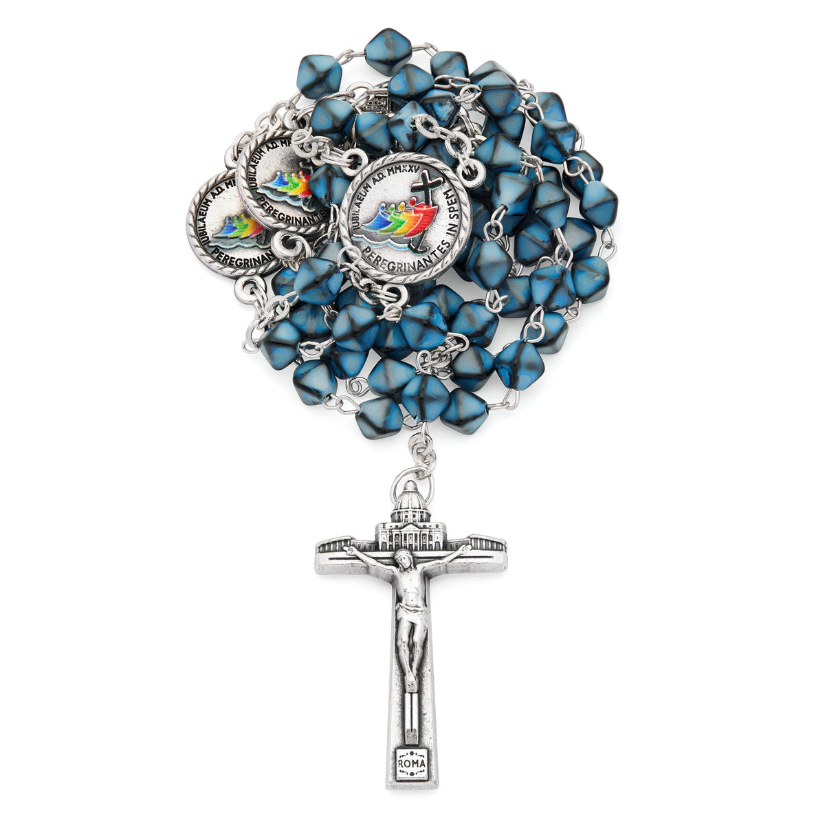 Jubilee 2025 Metal Rosary with Light Blue Hexagonal Beads