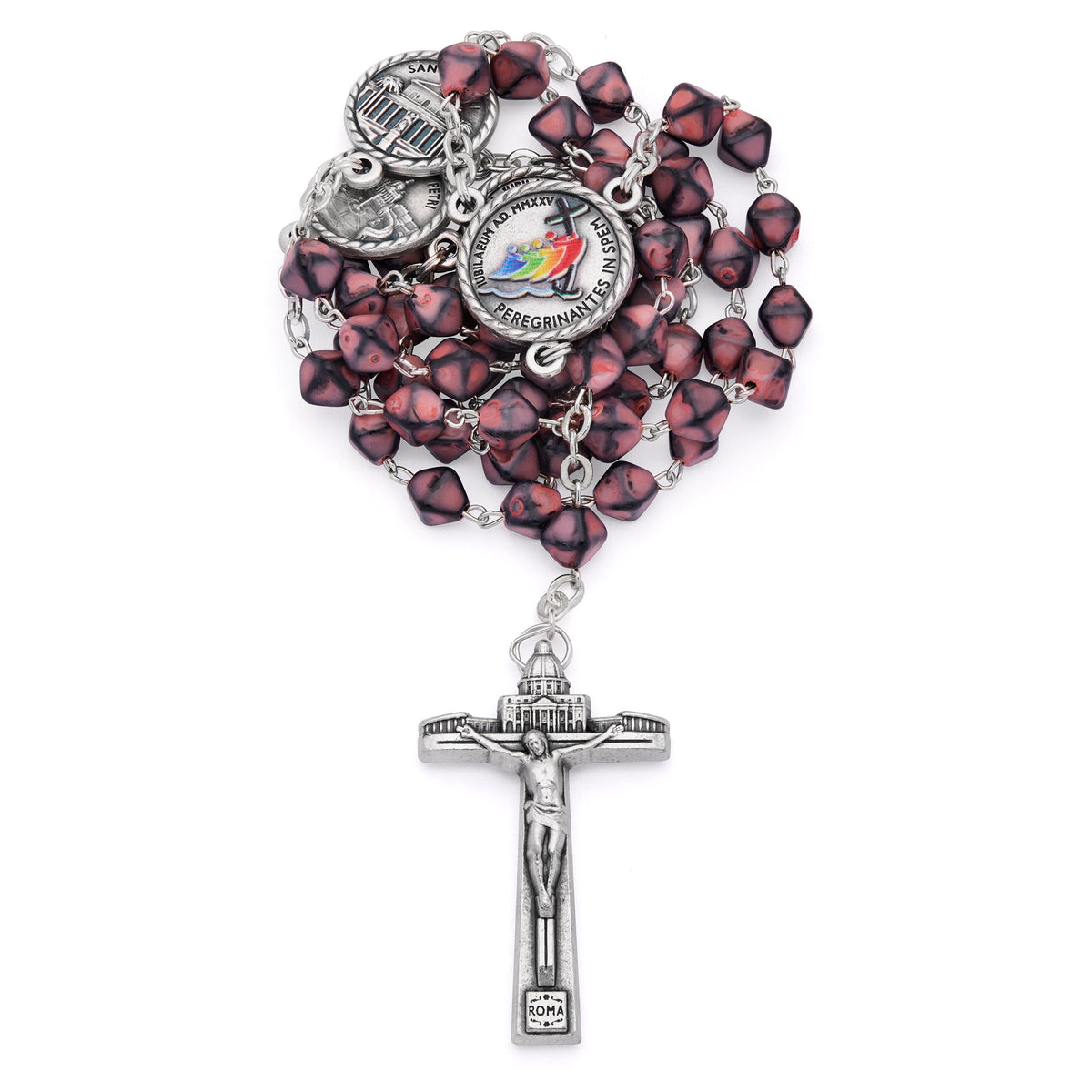 Jubilee 2025 Metal Rosary with Pink Hexagonal Beads