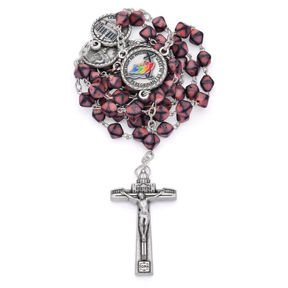 Jubilee 2025 Metal Rosary with Pink Hexagonal Beads