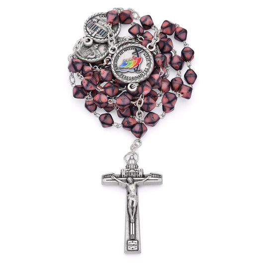 Jubilee 2025 Metal Rosary with Pink Hexagonal Beads