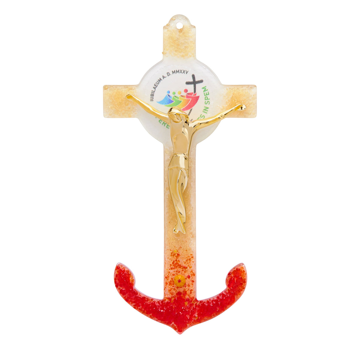 Jubilee 2025 Murano Glass Anchor-Shaped Crucifix with Red and Golden Hues