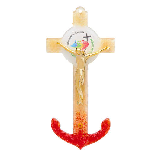 Jubilee 2025 Murano Glass Anchor-Shaped Crucifix with Red and Golden Hues