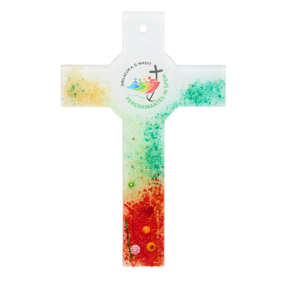 Jubilee 2025 Murano Glass Cross with Green, Red and Golden Hues