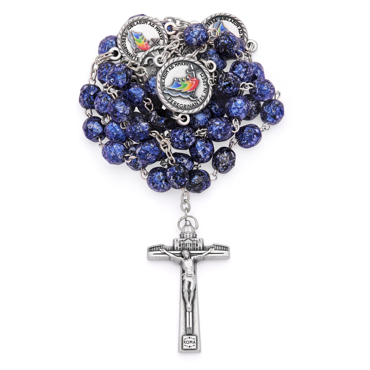 Jubilee 2025 Rosary with Black Beads with Blue Speckles