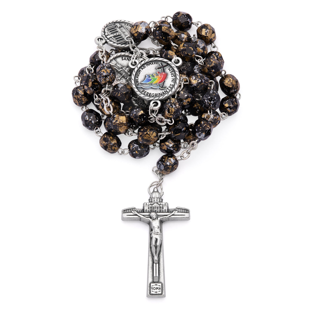 Jubilee 2025 Rosary with Black Beads with Gold Speckles