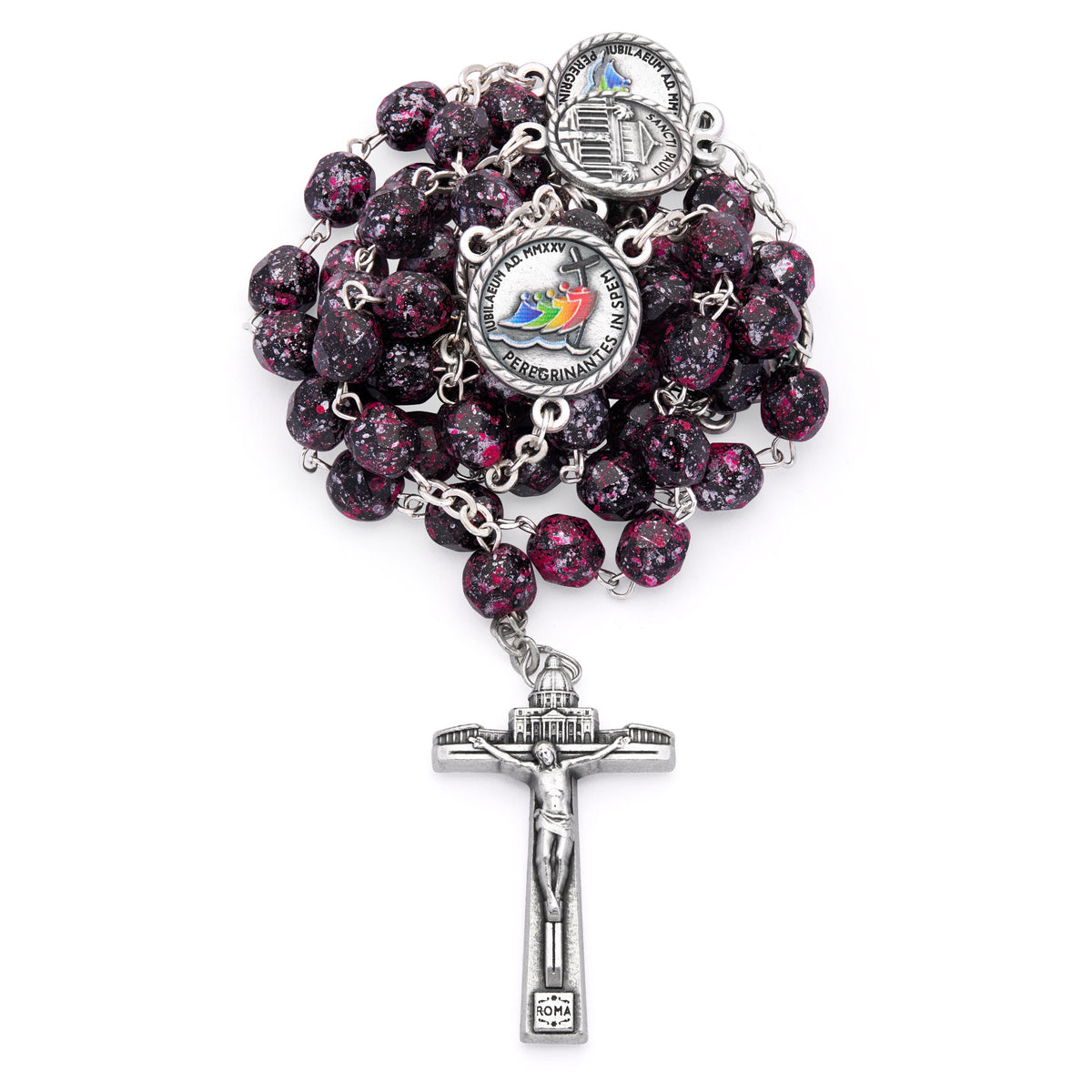 Jubilee 2025 Rosary with Black Beads with Pink Speckles