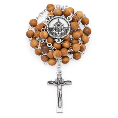 Jubilee 2025 Round Olive Wood Rosary Case With Wooden Rosary