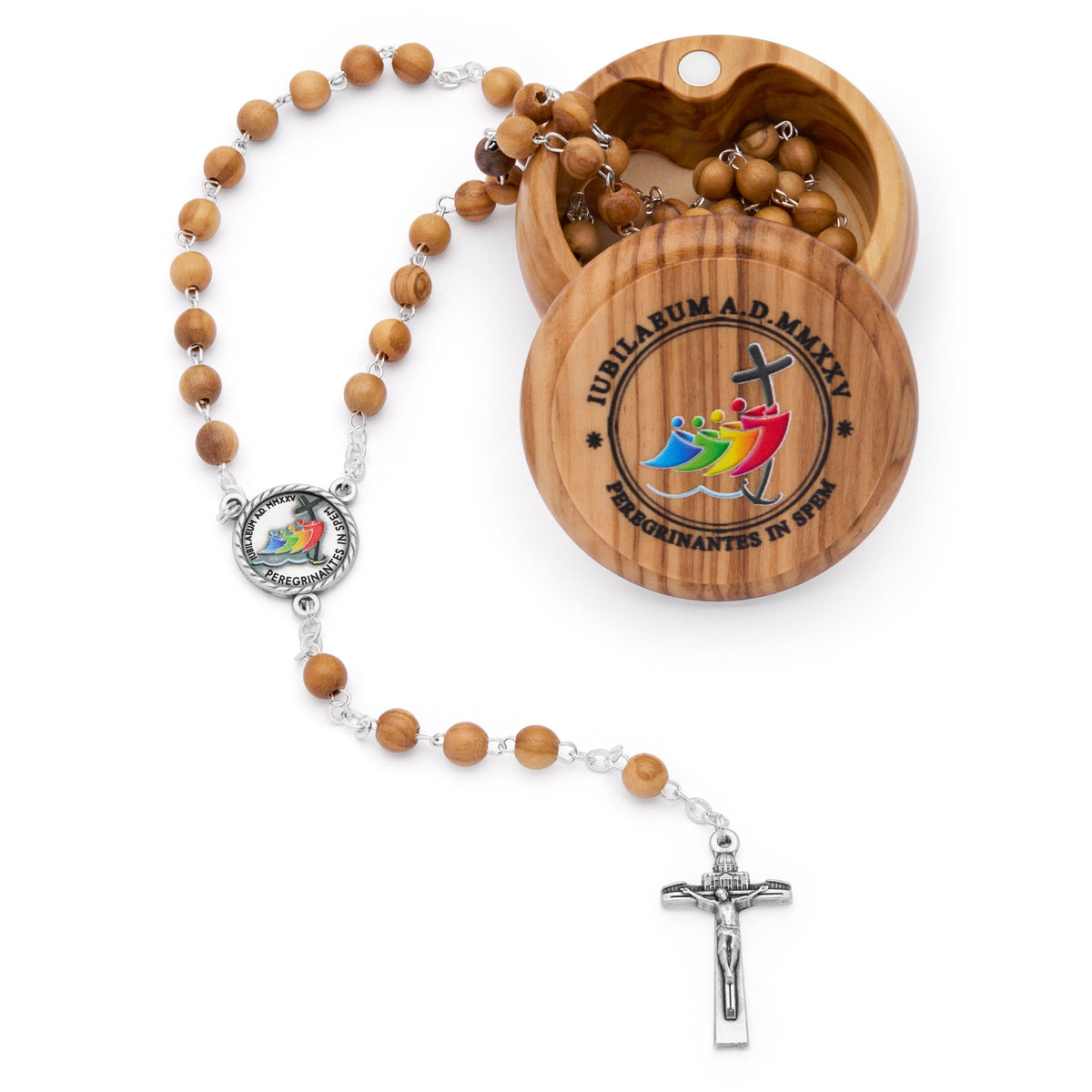 Jubilee 2025 Round Olive Wood Rosary Case With Wooden Rosary