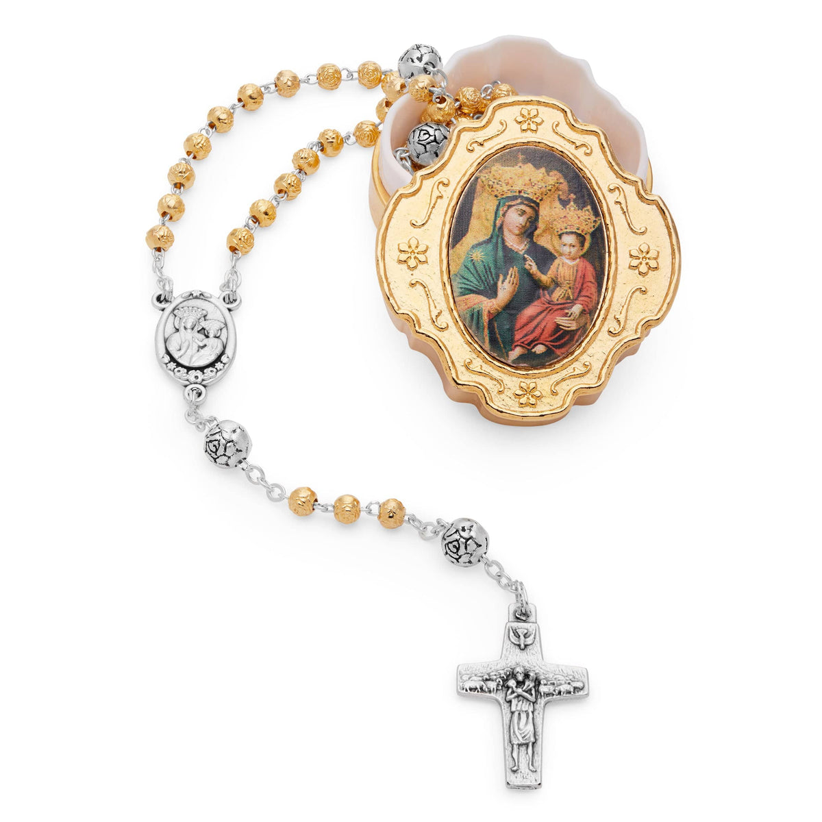 Golden Rosary Case with Our Lady of Good Health and Rose-shaped Beads Rosary