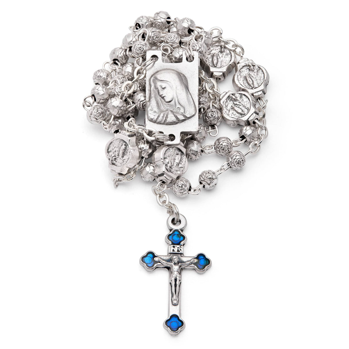 Blue Enameled Our Lady of Lourdes Rosary Case With Rose-shaped Beads Rosary