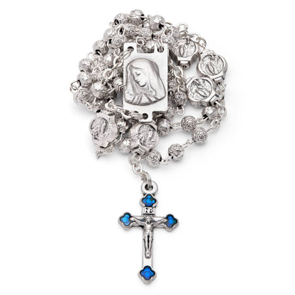 Blue Enameled Our Lady of Lourdes Rosary Case With Rose-shaped Beads Rosary