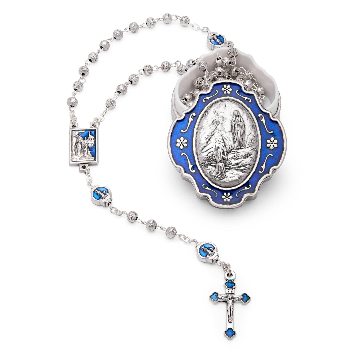 Blue Enameled Our Lady of Lourdes Rosary Case With Rose-shaped Beads Rosary