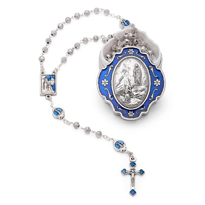 Blue Enameled Our Lady of Lourdes Rosary Case With Rose-shaped Beads Rosary